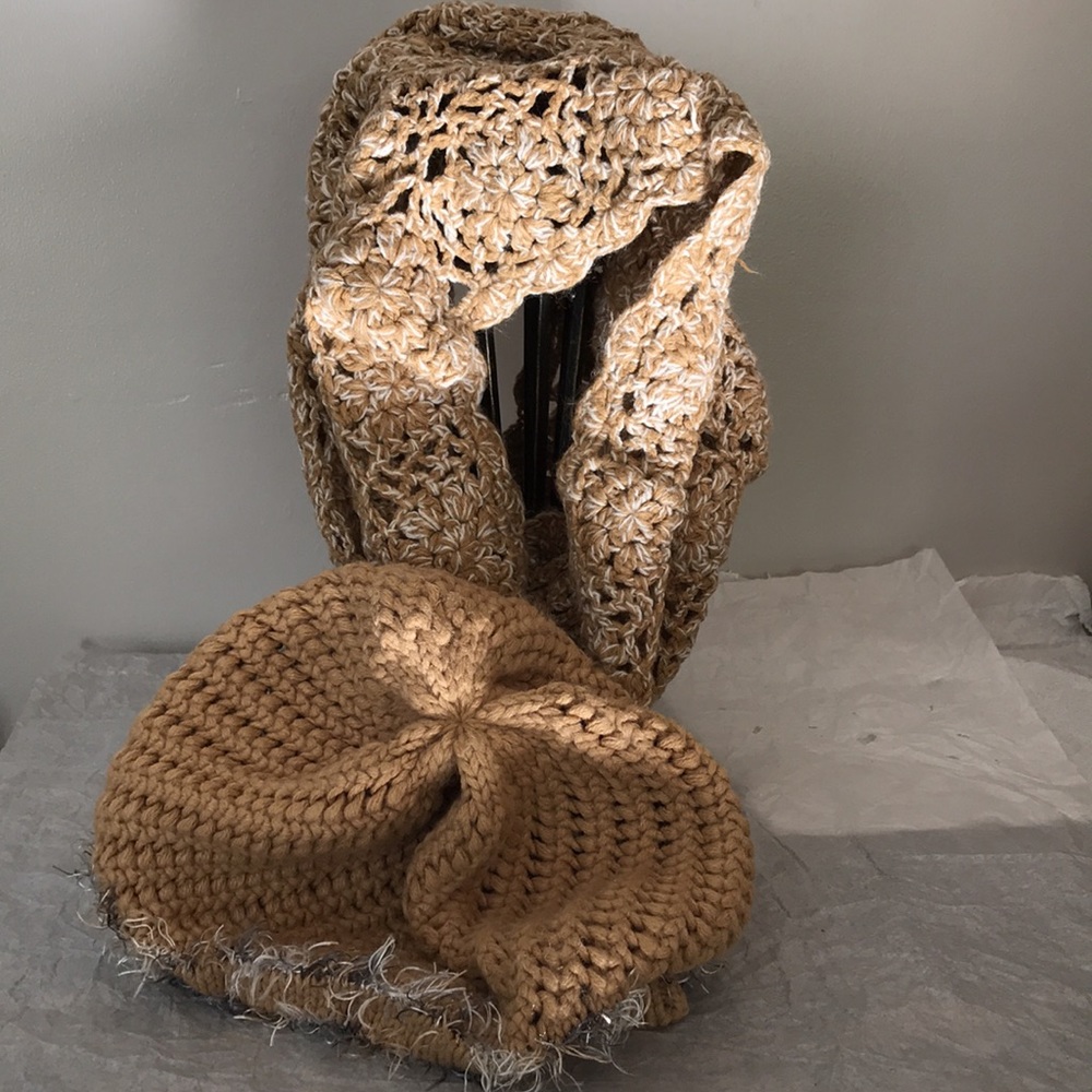 Brown Crochet Knit Scarf and Beret